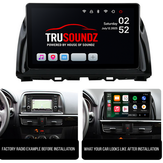 Car stereo system with Trusoundz branding and before/after installation comparison.